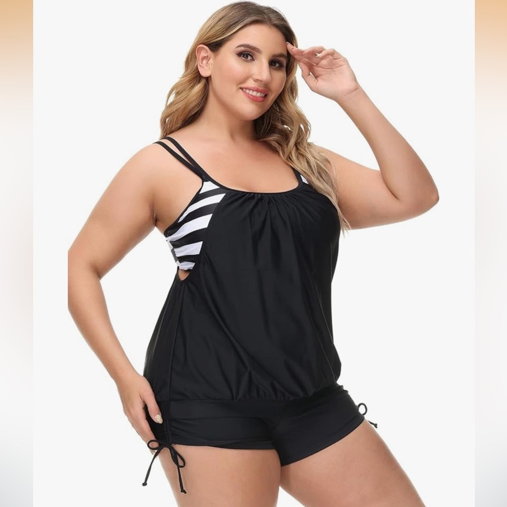 Plus Size Tankini for Women U Neck Sexy Top Drawstring Stretch Swim Shorts